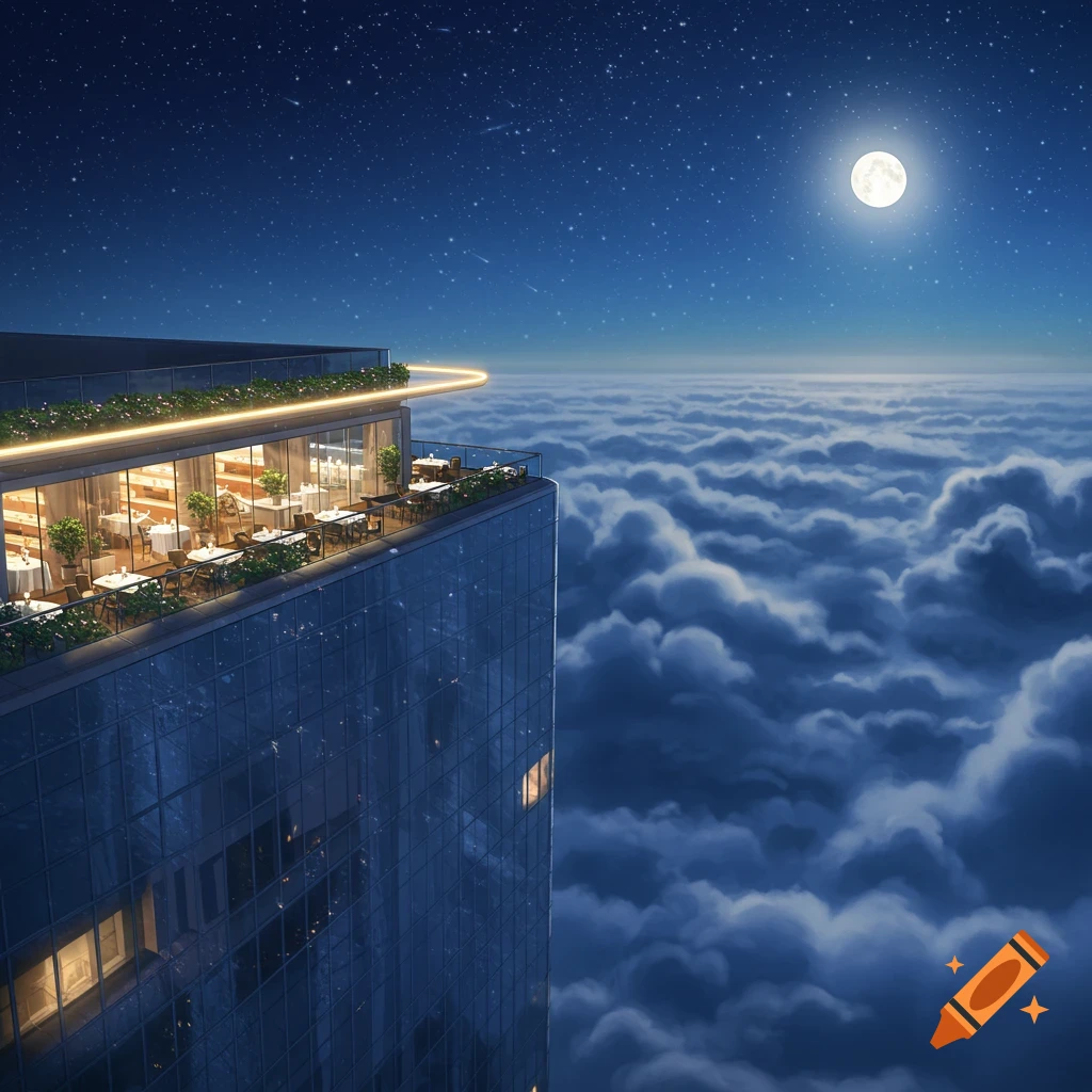 A high-rise restaurant with an outdoor patio on a skyscraper's edge, illuminated at night under a full moon, overlooking a vast sea of clouds.