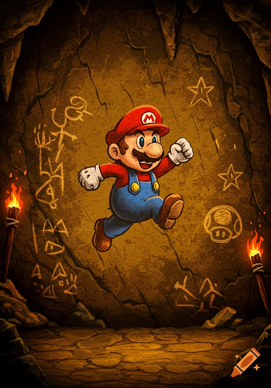Cartoon Mario jumps in a torchlit cave with ancient-looking symbols and stars drawn on the walls.