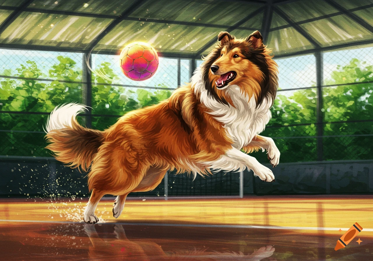 An energetic collie dog jumps to catch a glowing, colorful ball on a sports court in an illustrative style.