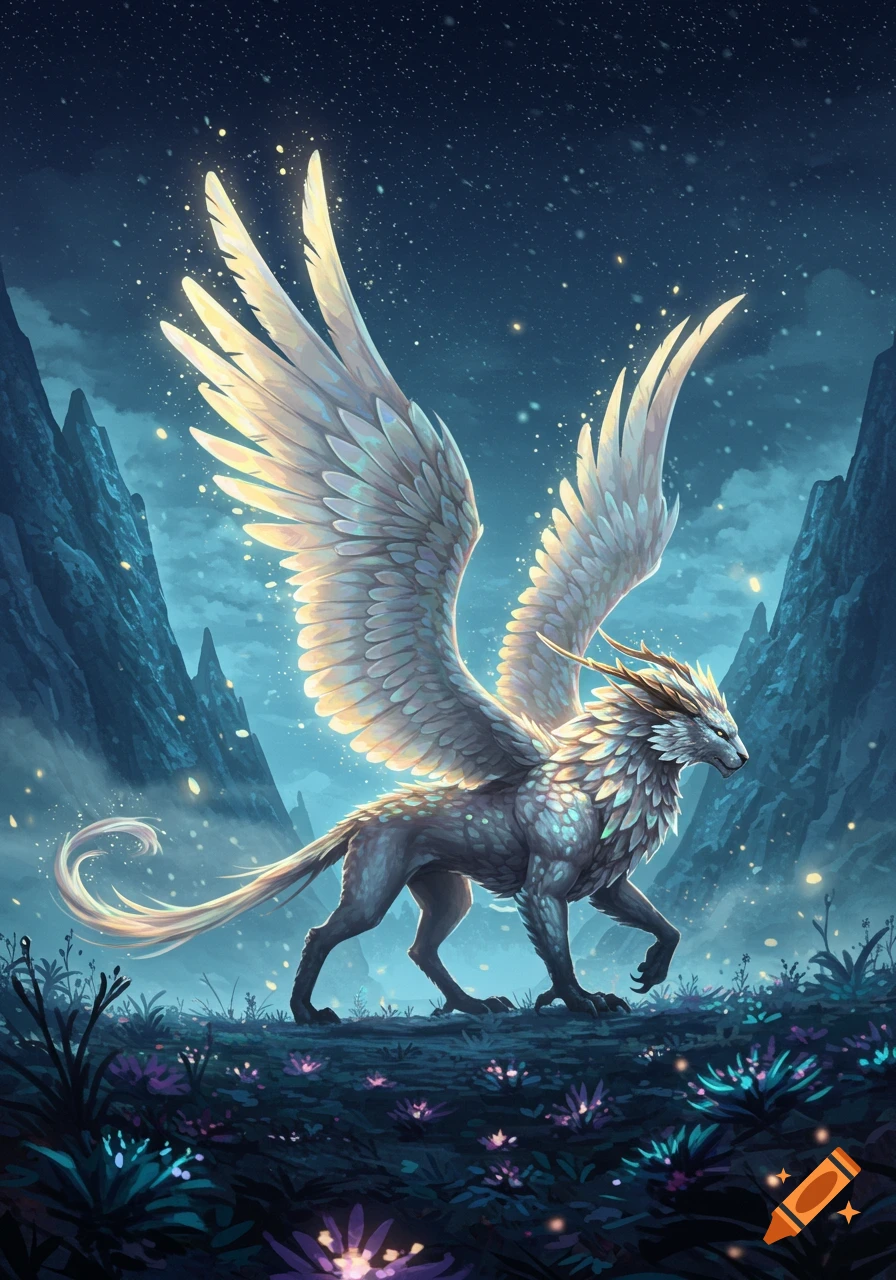 A luminous griffin-like creature with white wings and scales walks through a magical starry night landscape with glowing plants.