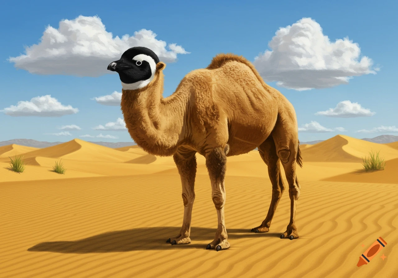 A camel with a black and white penguin head stands in a sunny desert with sand dunes and a blue sky.