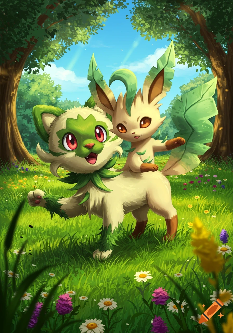 A cute green Sprigatito and a Leafeon stand in a sunny, flower-filled forest with tall trees.