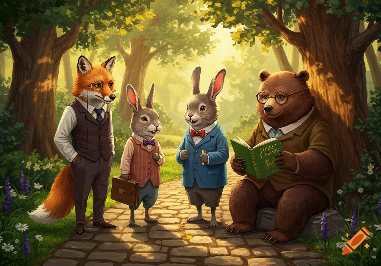 Illustrated anthropomorphic animals: a fox, two rabbits, and a bear in a forest. The bear reads a 'Forest Folklore' book.