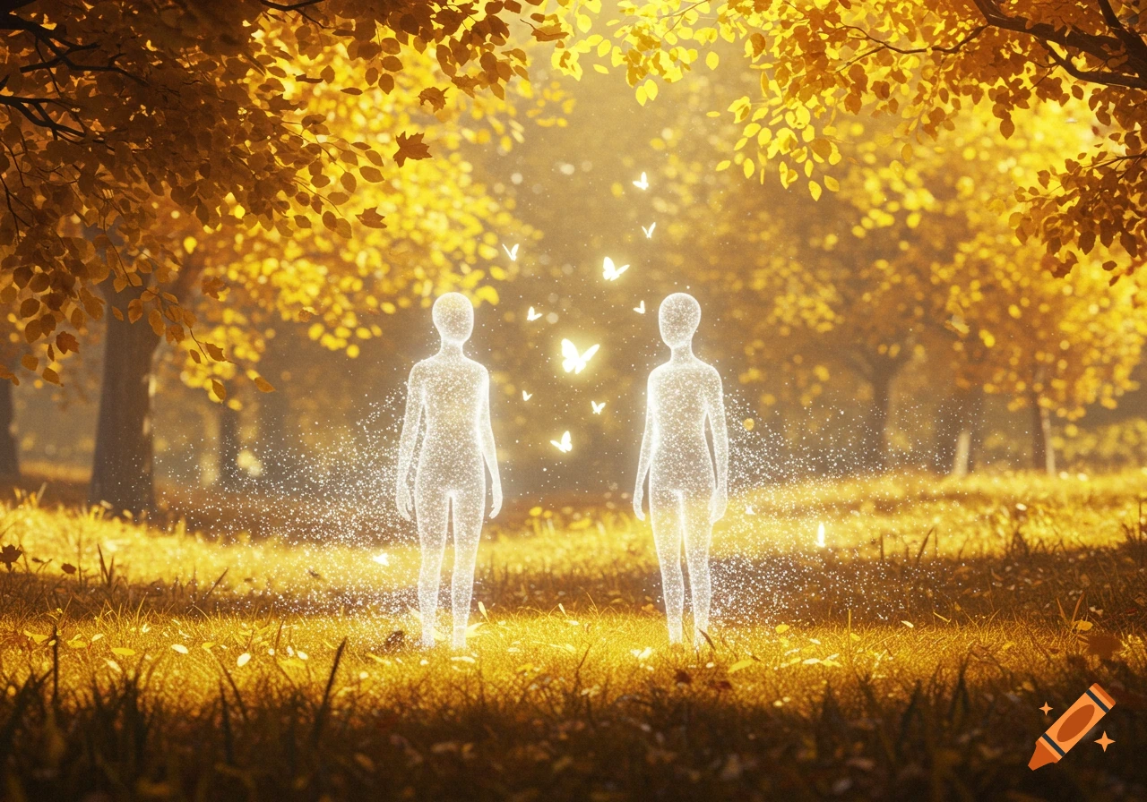Two luminous, genderless silhouettes stand in a golden autumn forest with glowing butterflies, creating an ethereal, hopeful atmosphere.