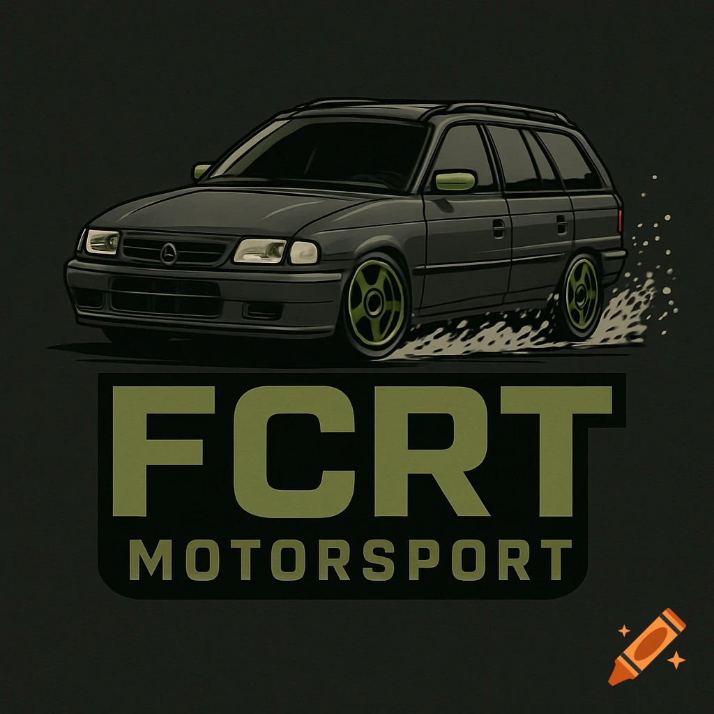 Illustration of a dark grey Opel Astra F Caravan race car with olive green wheels, skidding with water splash, above 'FCRT MOTORSPORT' text.