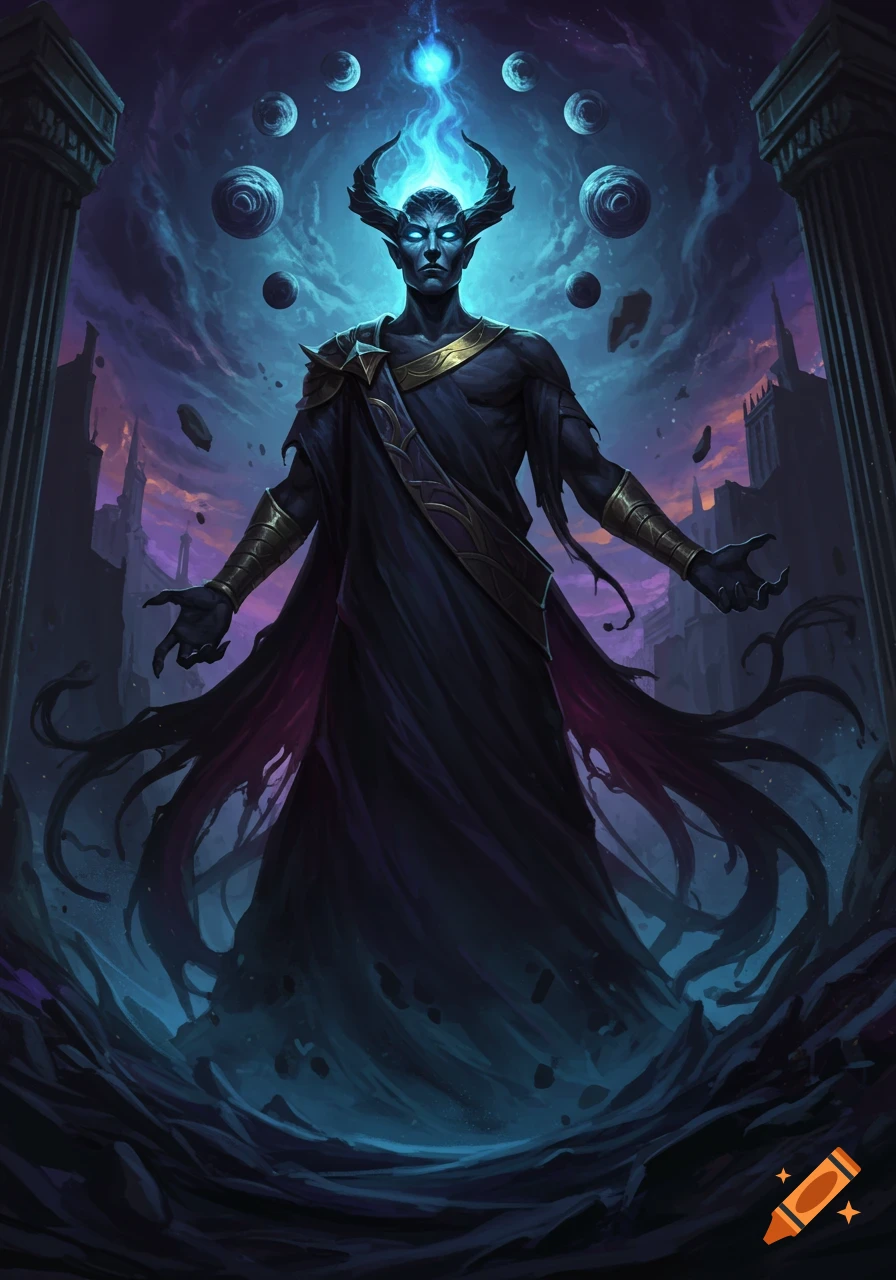 A dark, horned deity with glowing eyes stands amidst floating planets and ruins, hands open, in a stylized dark fantasy illustration.