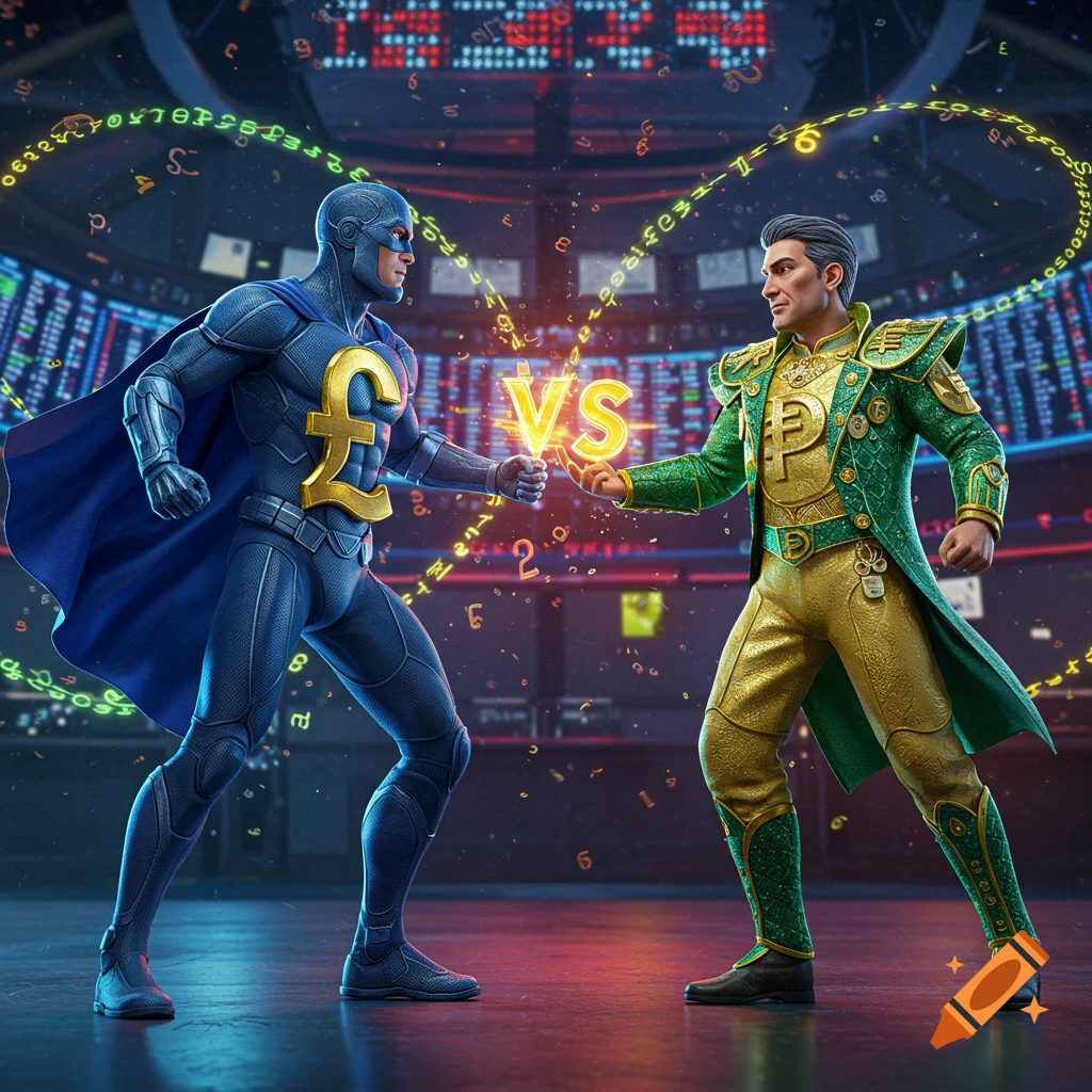 A superhero representing the British Pound faces off against another representing the Philippine Peso in a financial trading room, with a glowing "VS" between them.