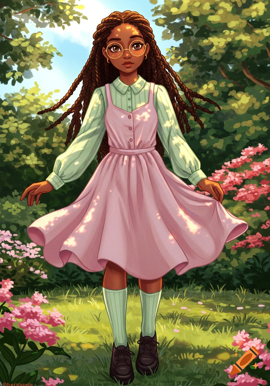 A young Black girl with long braids, glasses, light green shirt, and pink overall dress stands in a sunny garden.
