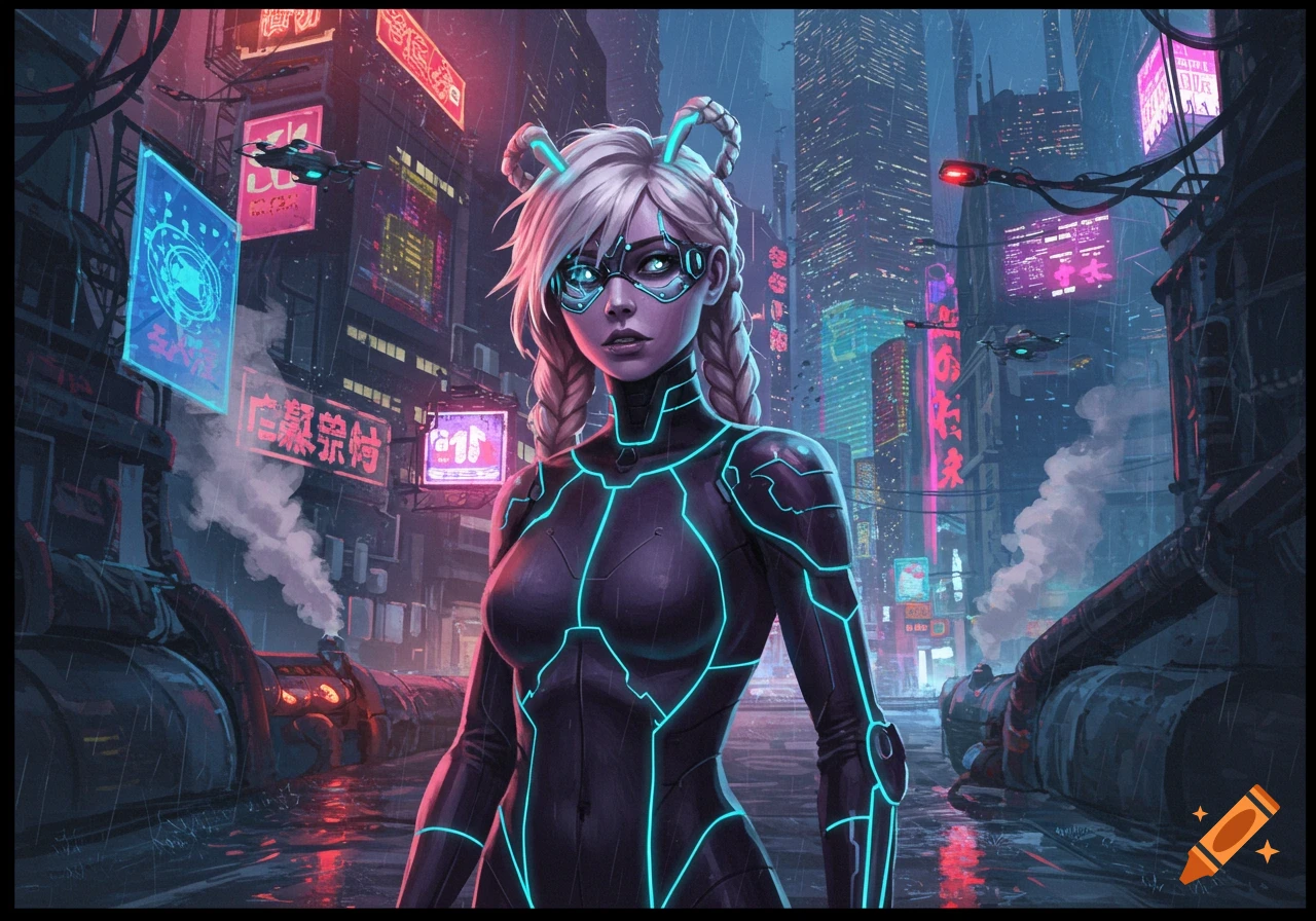 A blonde woman in a black and teal futuristic suit stands in a rainy, neon-lit cyberpunk city at night.