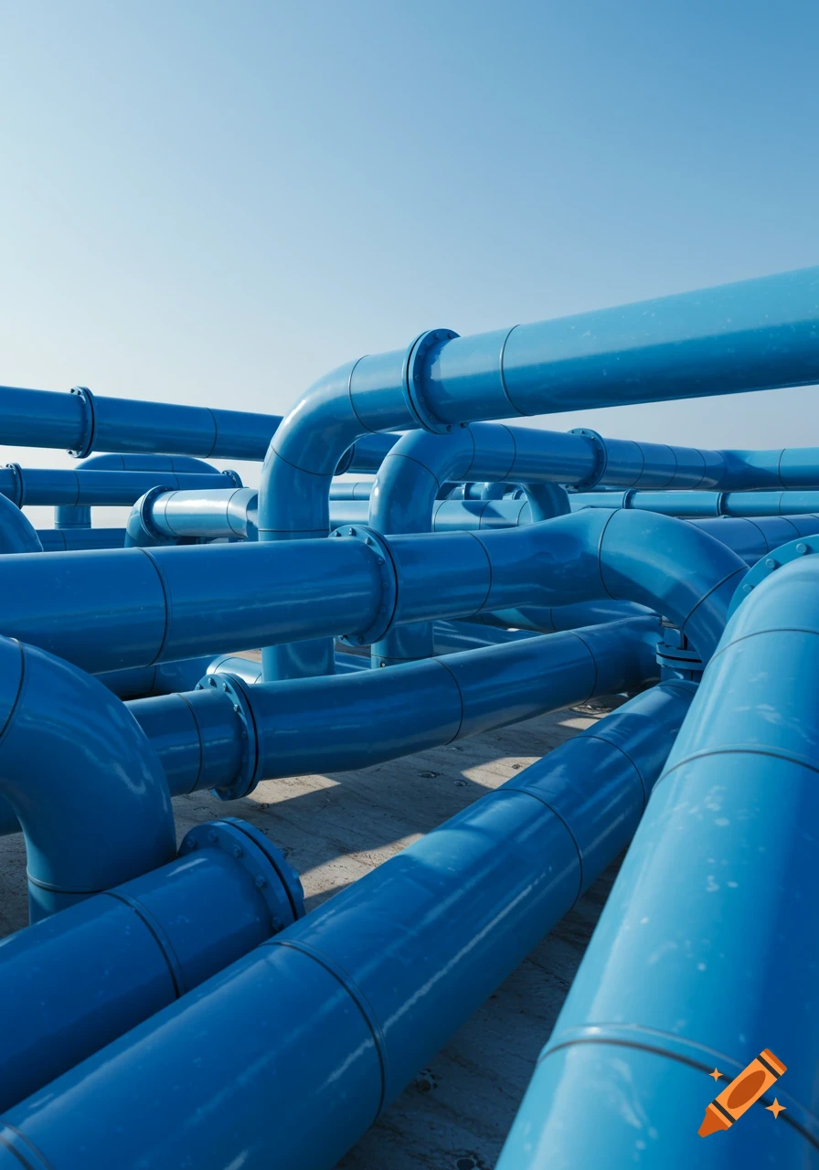 A dense network of bright blue pipelines and curved pipes under a clear blue sky, casting shadows on the concrete ground.