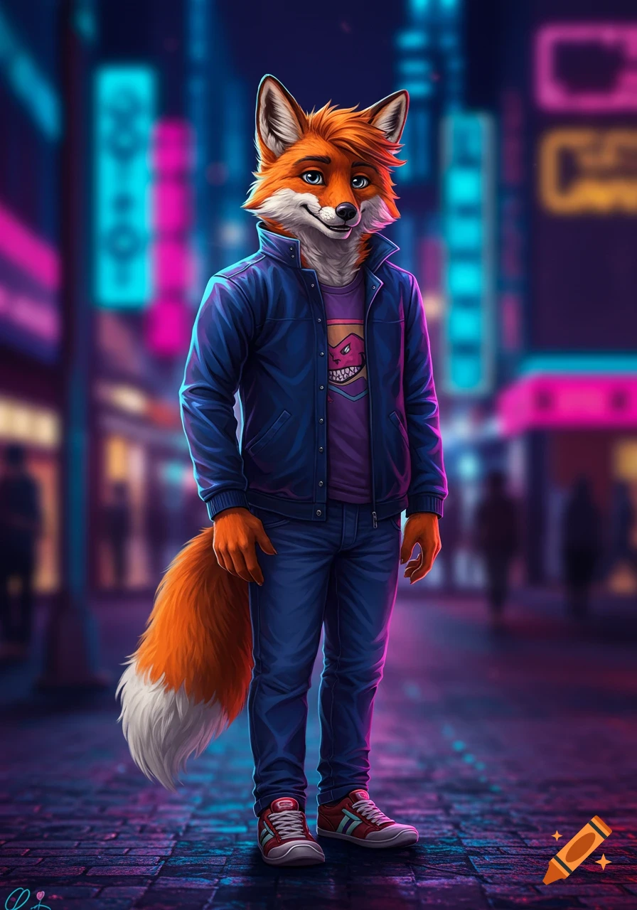 A bipedal male fox in a blue jacket and jeans stands smiling on a neon-lit city street at night, in a vibrant digital art style.