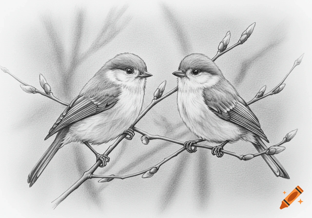 Pencil drawing of two small birds perched on a budding branch, facing each other.