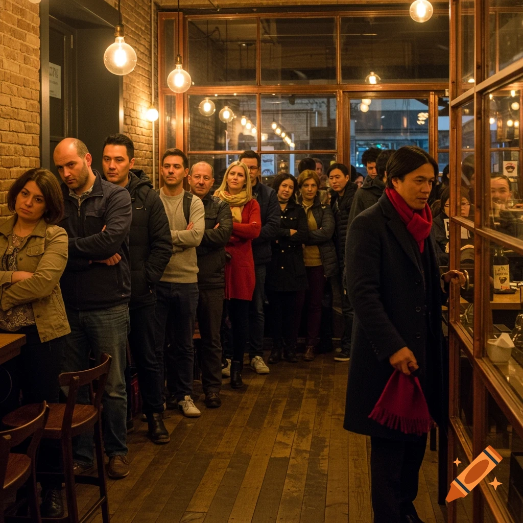 A diverse group of people wait in a dimly lit restaurant, many with crossed arms. A man in a dark coat and red scarf stands at the front.