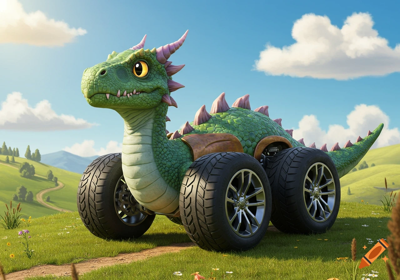 A cute green cartoon dinosaur-dragon creature on large tire wheels on a grassy hill under a blue sky.