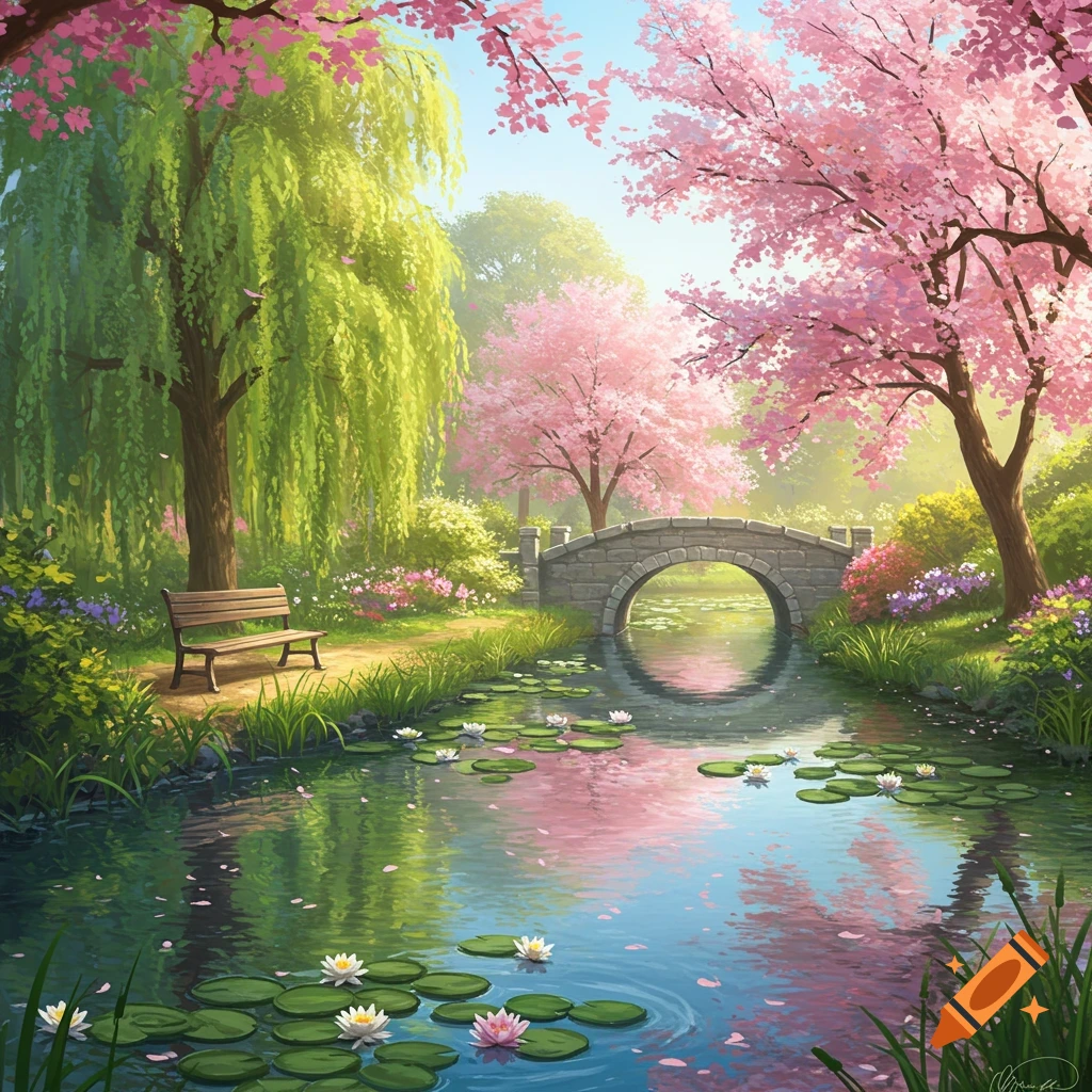 A vibrant, illustrative spring park scene with a winding stream, a stone arch bridge, pink cherry blossom trees, a green weeping willow, and a wooden bench.