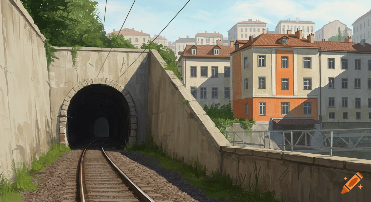 Painting of railway tracks leading into a dark tunnel beside concrete walls, with old buildings and a faint blue sky in the background.