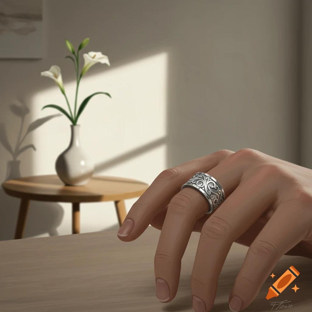 A hand wearing an ornate silver ring rests on a wooden table, with a vase of white lilies in a minimalist sunlit room.