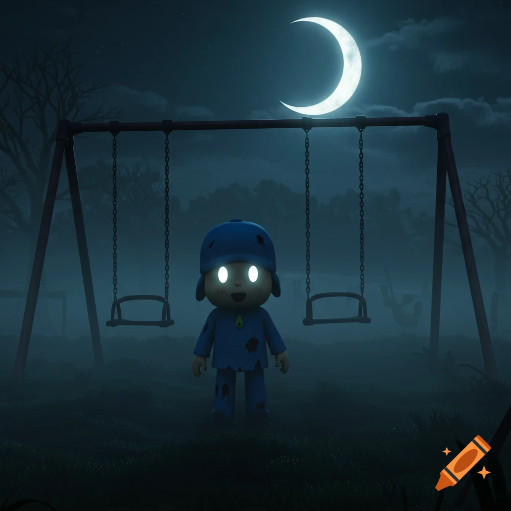 A creepy, tattered Pocoyo with glowing eyes stands in a dark, foggy playground at night under a crescent moon.