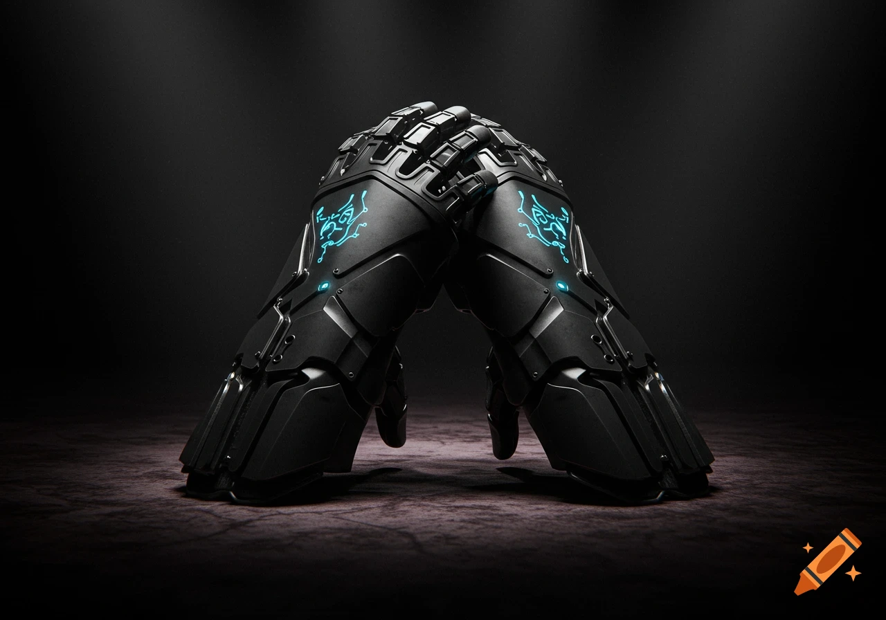 Two black armored gauntlets with glowing blue accents rest against each other on a dark, textured surface, photorealistic.
