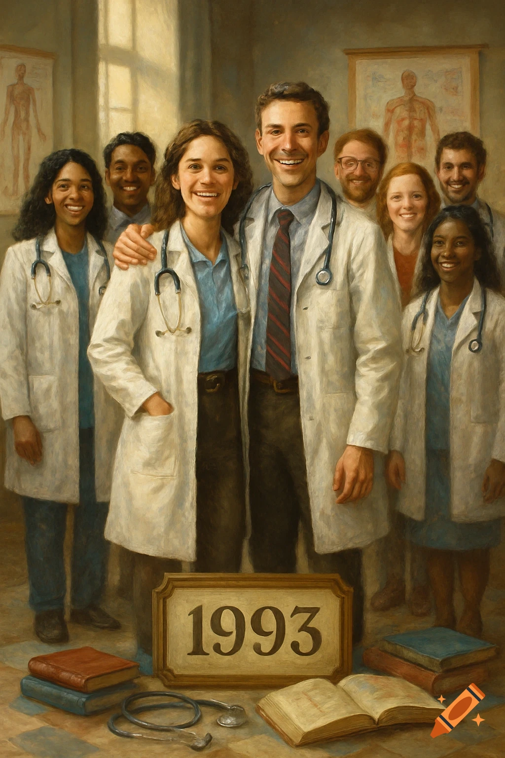 Oil painting of a diverse group of smiling doctors in white coats, a sign reads '1993'. Books and a stethoscope are on the floor.