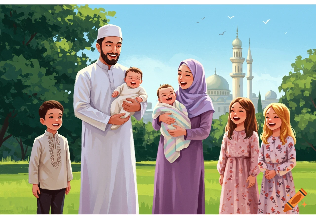 Smiling Muslim family with two babies and three children in a park with a mosque, cartoon illustration.