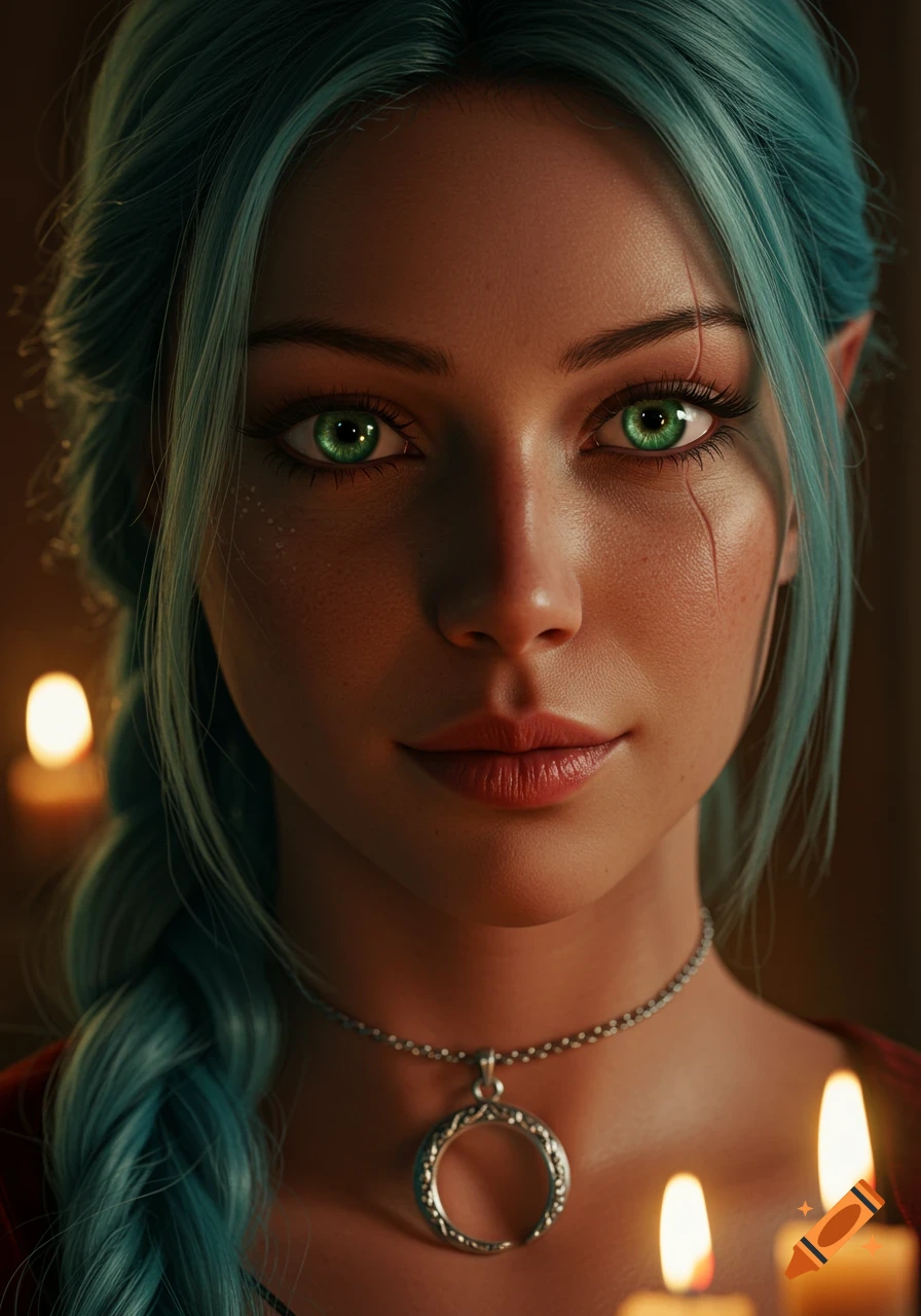 Close-up portrait of a fantasy woman with teal hair, glowing green eyes, a scar on her cheek, and a silver necklace, illuminated by candlelight.