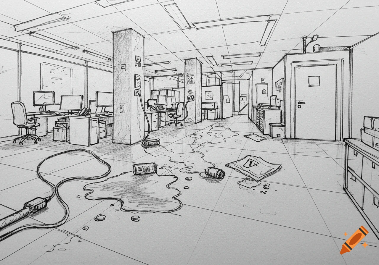 A pencil sketch line drawing of a messy office floor with spilled liquid, cables, and stacked boxes, depicting workplace hazards.