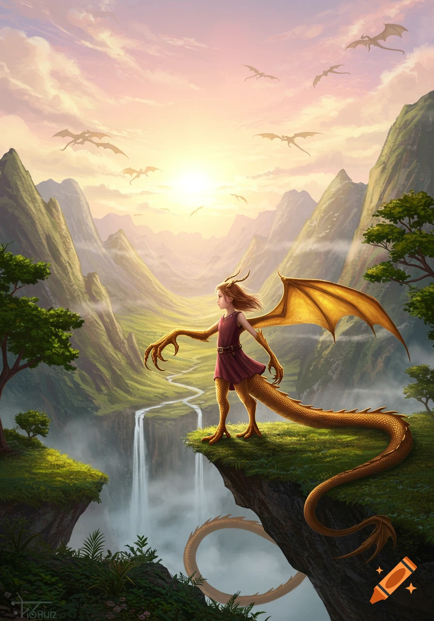A golden dragon-girl stands on a cliff overlooking a misty valley with waterfalls, under a sunset sky where dragons fly.