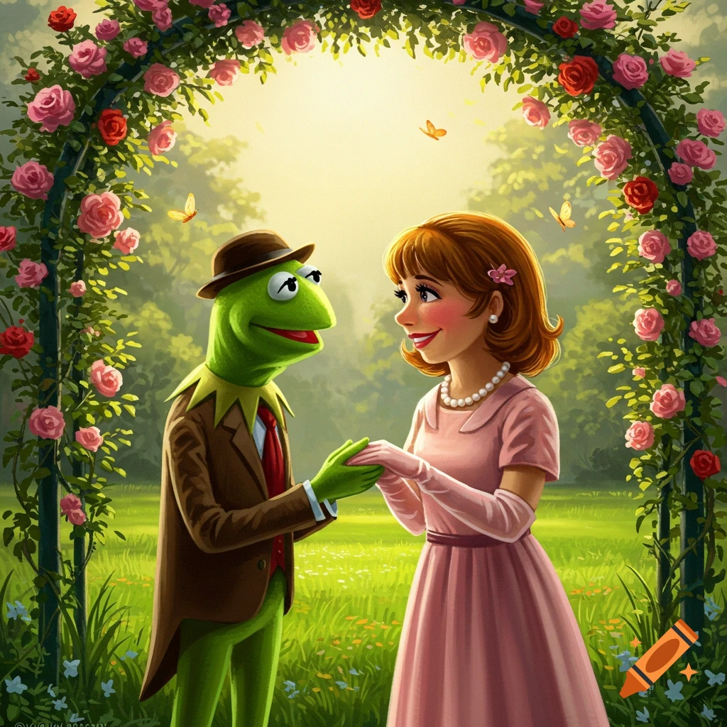 Kermit the Frog in a suit holds hands with a woman in a pink dress under a rose arch in a lush garden, in an illustrative style.