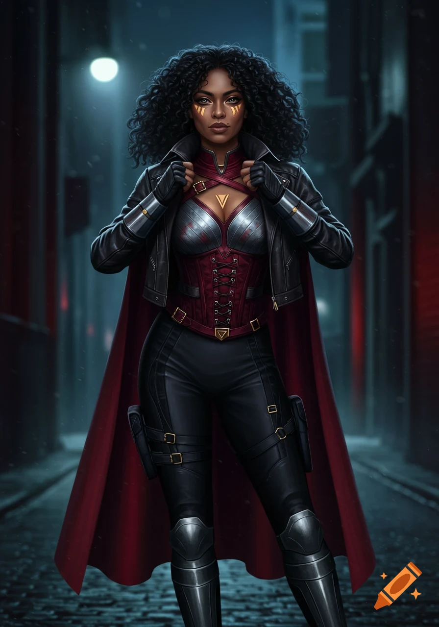 A formidable woman with curly black hair, wearing a leather jacket, red corset, and red cape, stands in a dark alley at night.