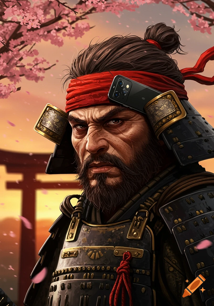 Digital art portrait of a stern samurai with a red headband and an iPhone, against a background of cherry blossoms and a torii gate.