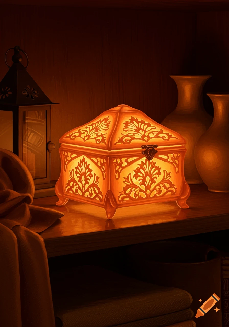 An ornate glowing orange decorative box on a wooden shelf next to a dark lantern and vases, radiating a warm light.