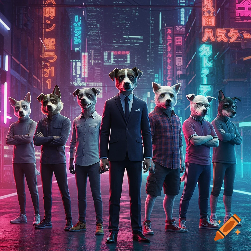Six anthropomorphic dogs in stylish clothing stand on a wet street at night, with neon-lit cyberpunk city buildings in the background.