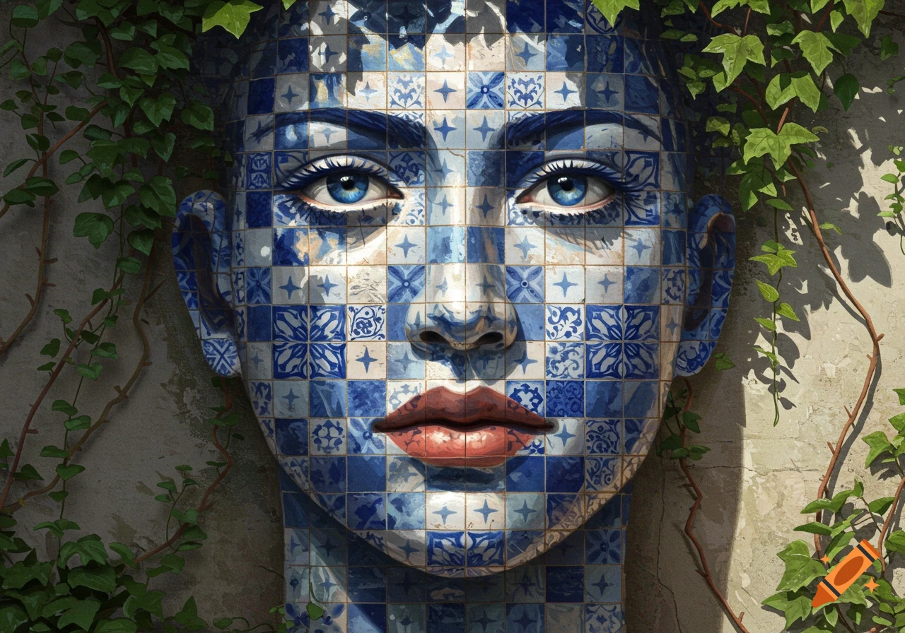 A realistic portrait of a human face made from blue and white Portuguese-style mosaic tiles, with green ivy growing around it on a textured wall.