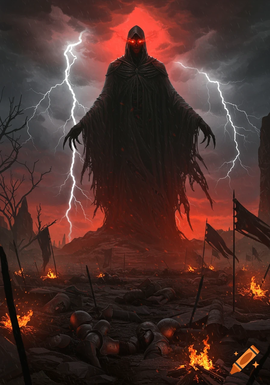 A dark, cloaked figure with glowing red eyes stands menacingly over a desolate, burning battlefield under a stormy red sky with lightning.