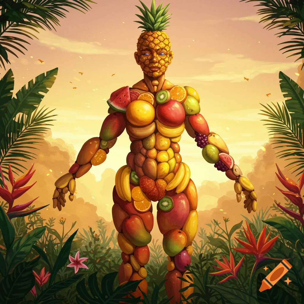 A humanoid figure with a pineapple head and body made of various colorful fruits stands in a vibrant tropical jungle at sunset.