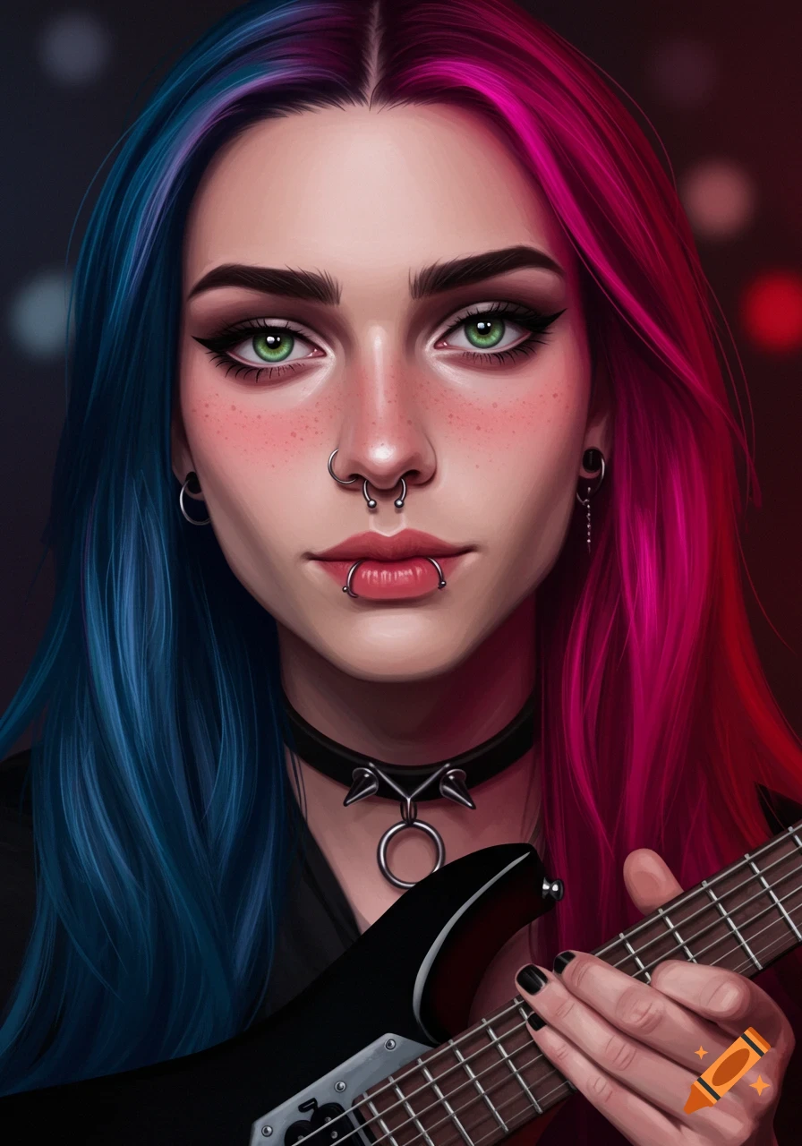 Stylized portrait of a woman with blue and pink hair, green eyes, piercings, and a choker, holding an electric guitar.