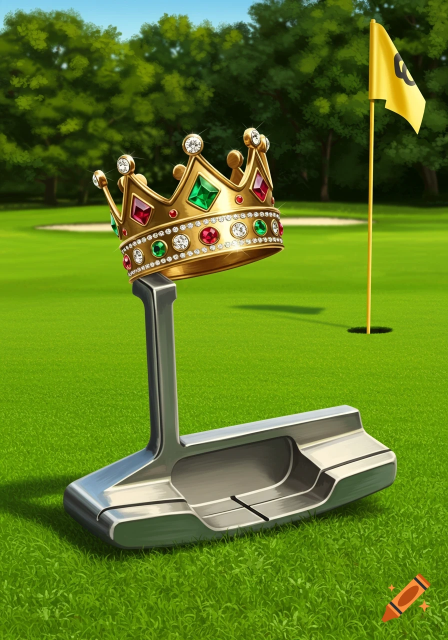 A gold king's crown adorned with gems sits atop a metallic golf putter on a vibrant green golf course with a flag and hole.