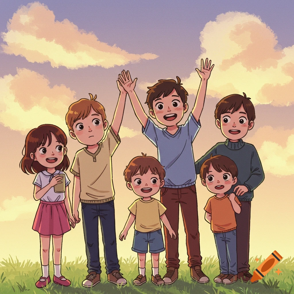 Cartoon illustration of six happy children standing in a grassy field under a warm, cloudy sky, with some waving.