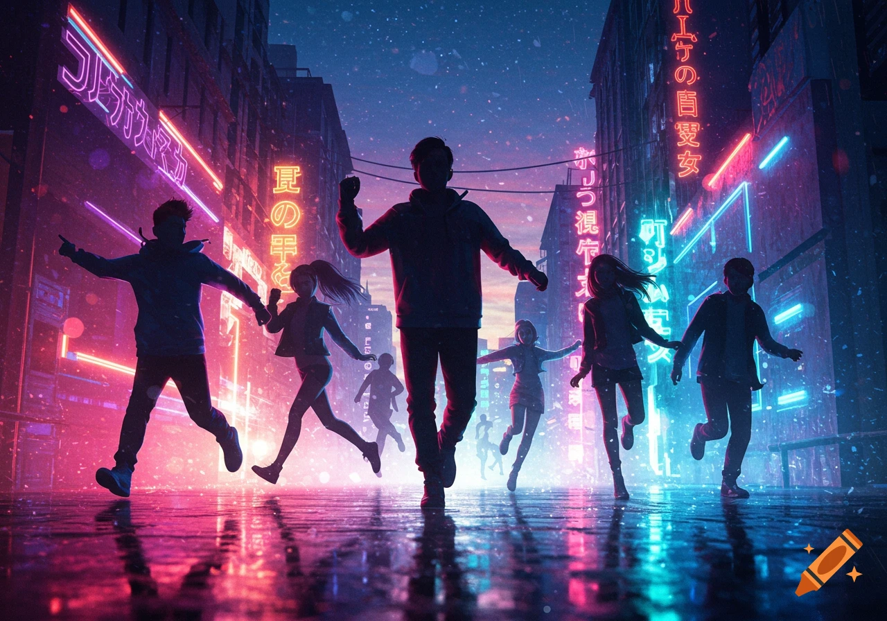 Silhouettes of people running through a futuristic neon-lit city at night with reflections on the wet ground, cyberpunk style.