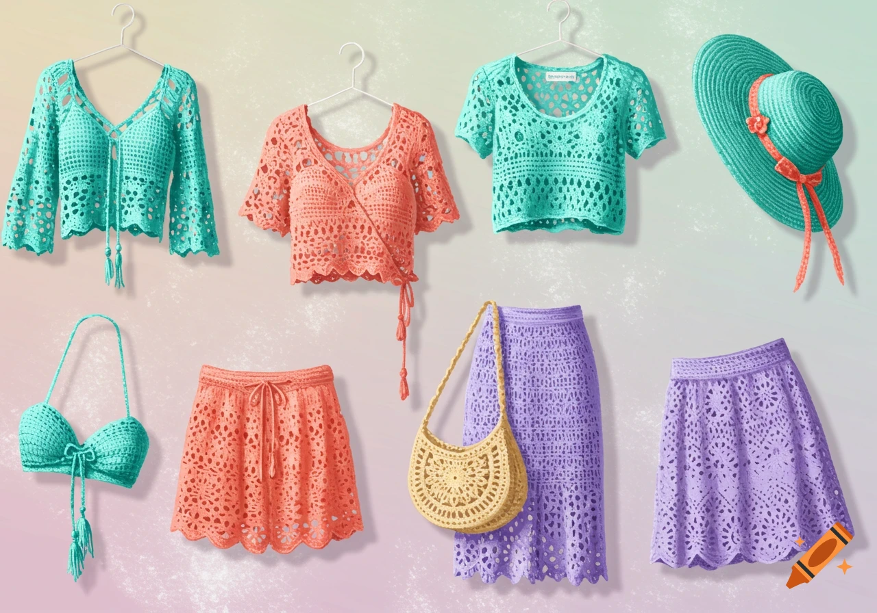 A flat lay of various colorful crochet clothing items including tops, skirts, a turquoise hat, and a yellow purse, on a gradient background.