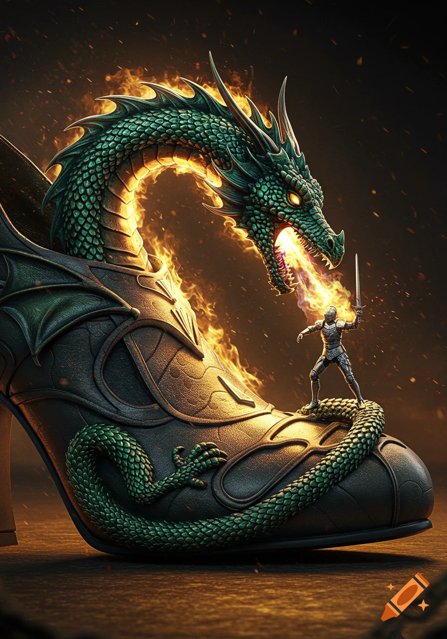 A green dragon emerges from a dark high-heeled shoe, breathing fire at a tiny knight standing on the shoe, against a fiery backdrop.