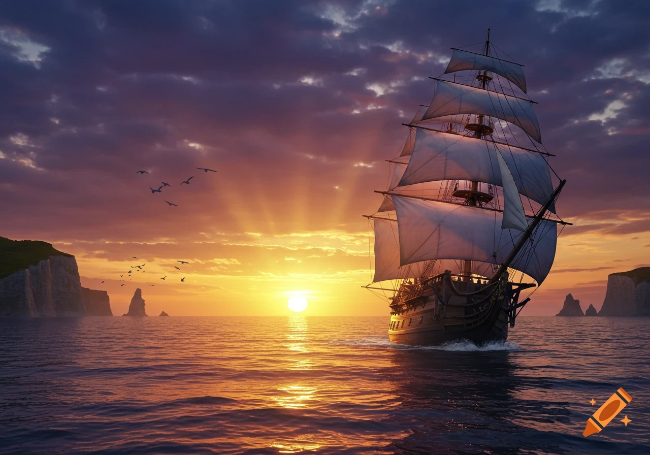 A tall ship with sails unfurled glides across the ocean at a vibrant sunset, with cliffs and birds in the background.