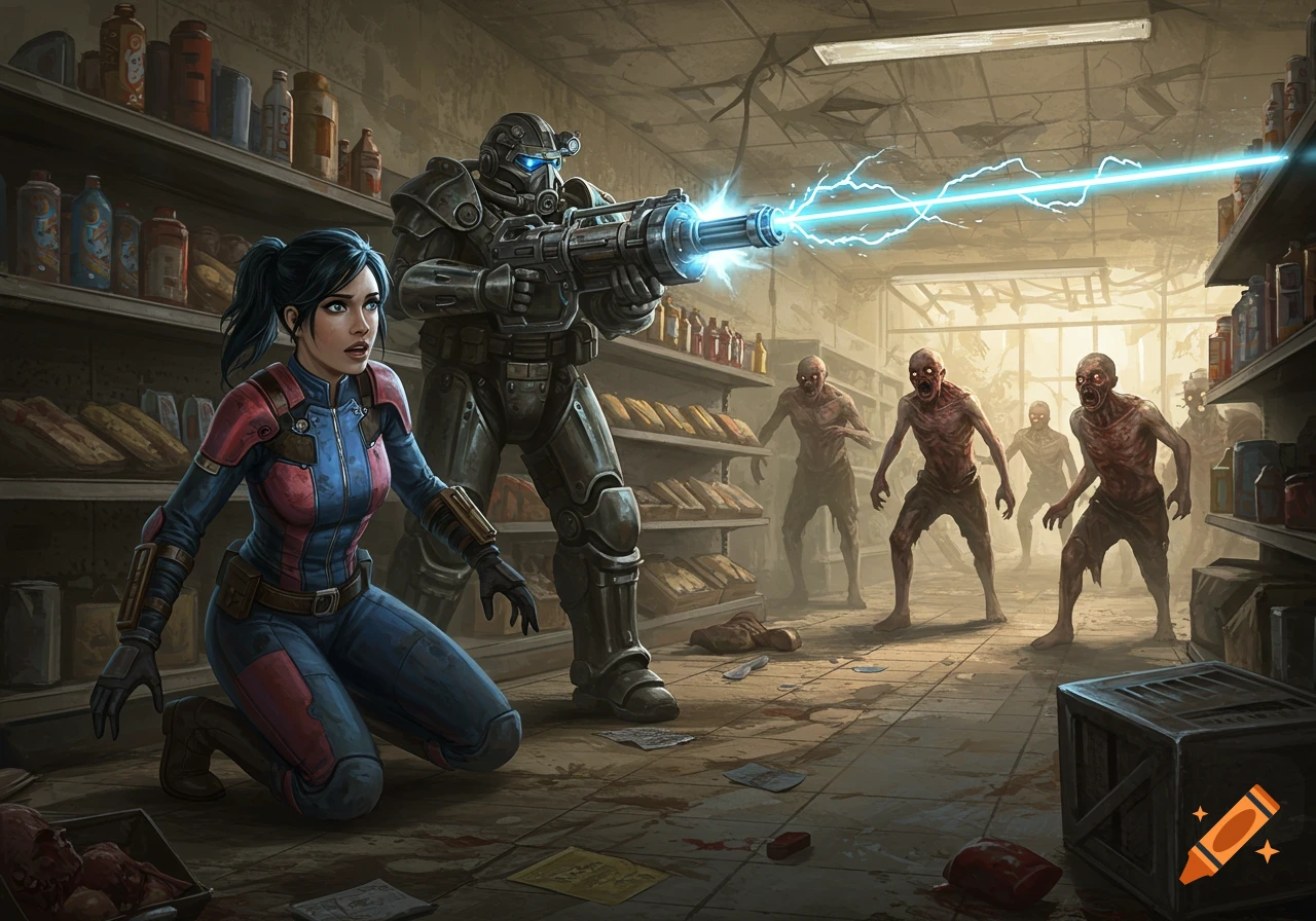 A woman crouches behind a power-armored soldier shooting a laser at feral ghouls in a ruined grocery store. Fantasy art style.