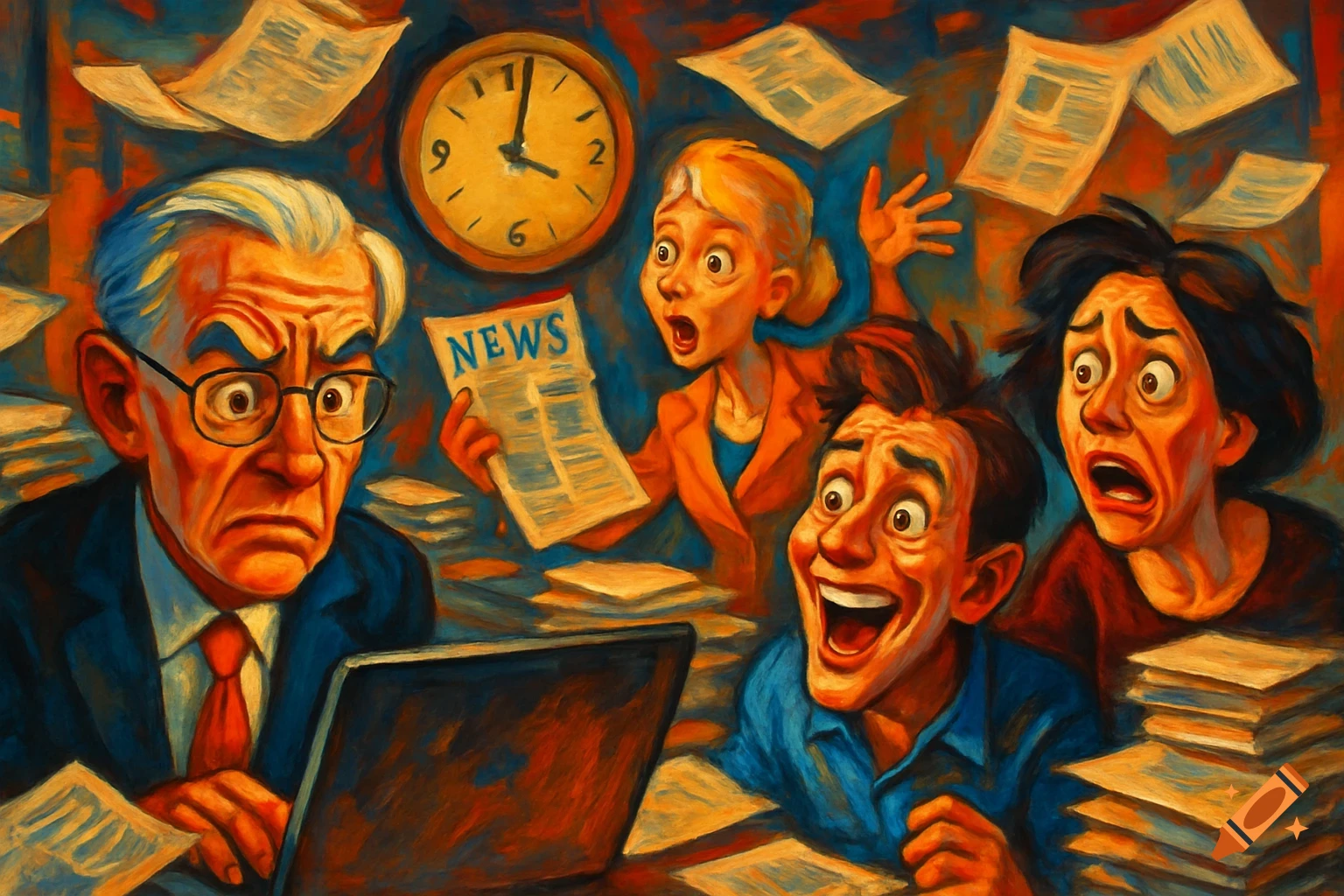 A vibrant caricature painting of four frantic people in a messy newsroom with flying papers and a clock, expressing panic and stress.
