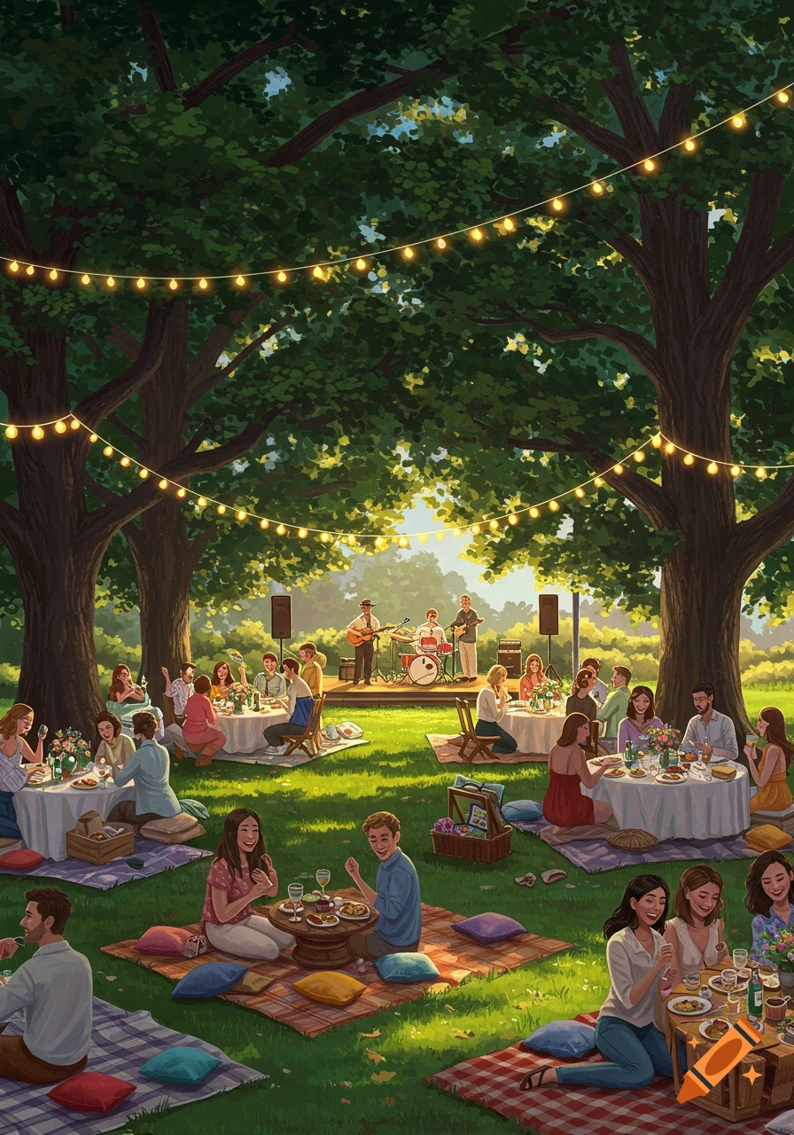 A vibrant illustration of a large garden party with many people dining, socializing, and enjoying a live band under string lights in a park.
