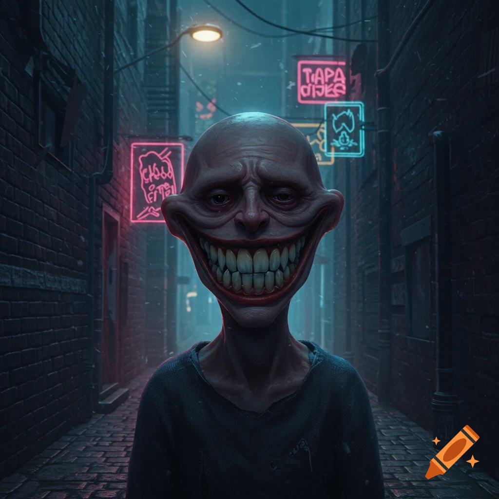 A bald, creepy man with an unnaturally wide, toothy smile and sad eyes stands in a dark, rainy urban alley with neon signs.