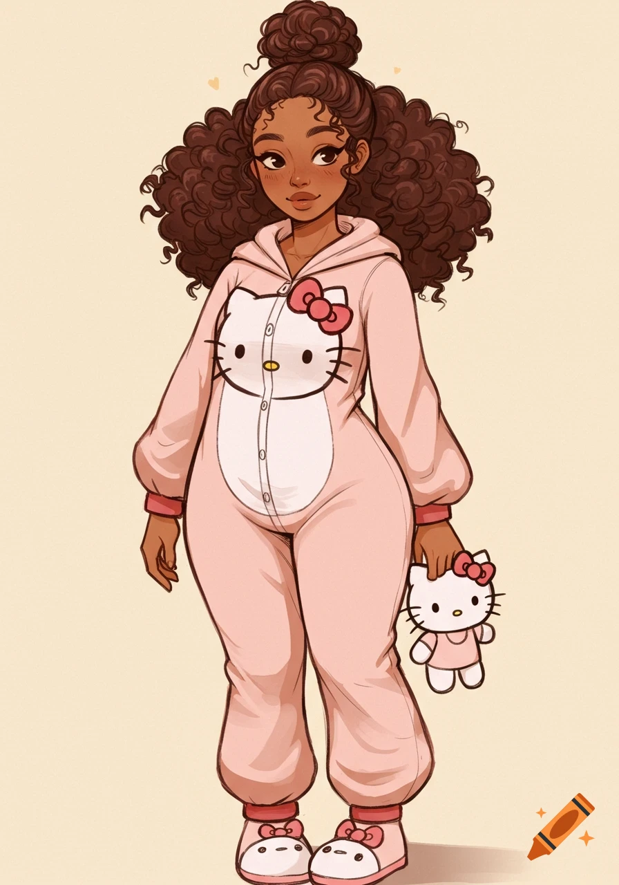 Manga-style drawing of a young woman with curly hair in a Hello Kitty onesie, holding a Hello Kitty plush.