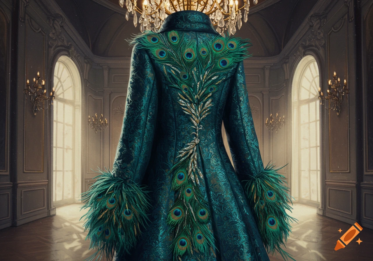 An ornate teal coat adorned with peacock feathers and gold accents, displayed in a grand, chandelier-lit room.