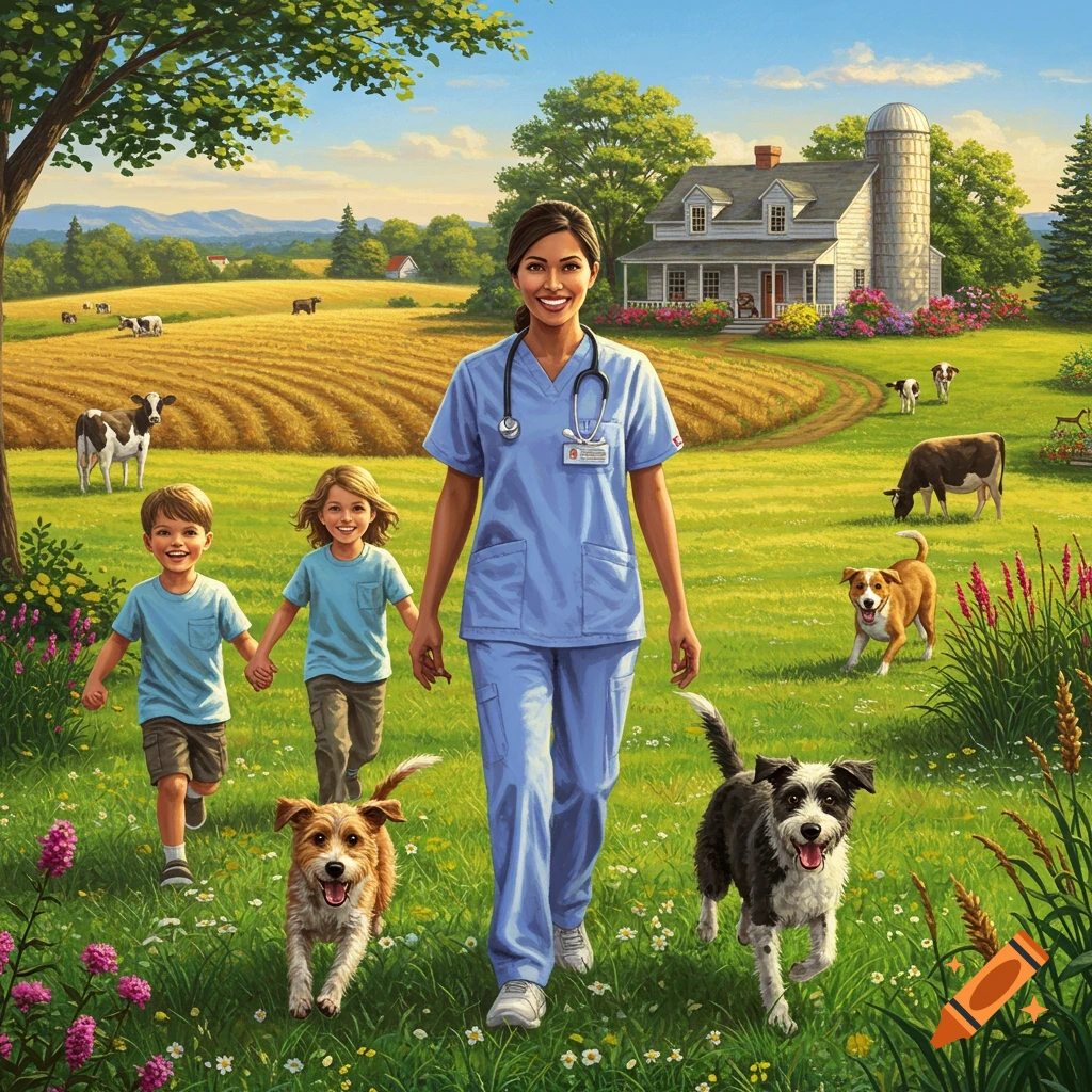 A nurse, two children, and two dogs walk through a grassy field past a farm with cows and a house, under a sunny sky.